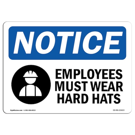 Signmission OSHA Sign, Employees Must Wear Hard Hats, 24in X 18in Aluminum, 24" W, 18" H, Landscape OS-NS-A-1824-L-15603